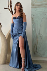 A-Line Sweetheart Floor-Length Split Front Strapless Stain Prom Evening Dresses with Beadings